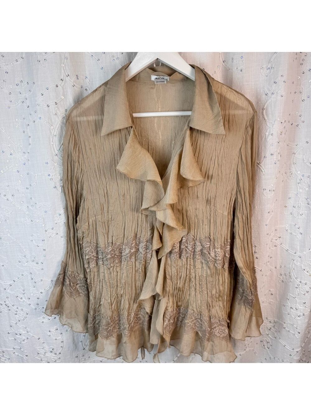 Jaipur Crinkle Ruffle Blouse – XL – Romantic Lace Trim – 3/4 Sleeve